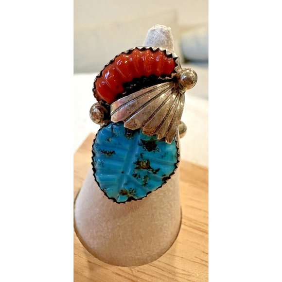 Lyolito Tsette ZUNI Native Sterling Silver CARVED TURQUOISE & CORAL Ring Size 6 - Picture 11 of 12